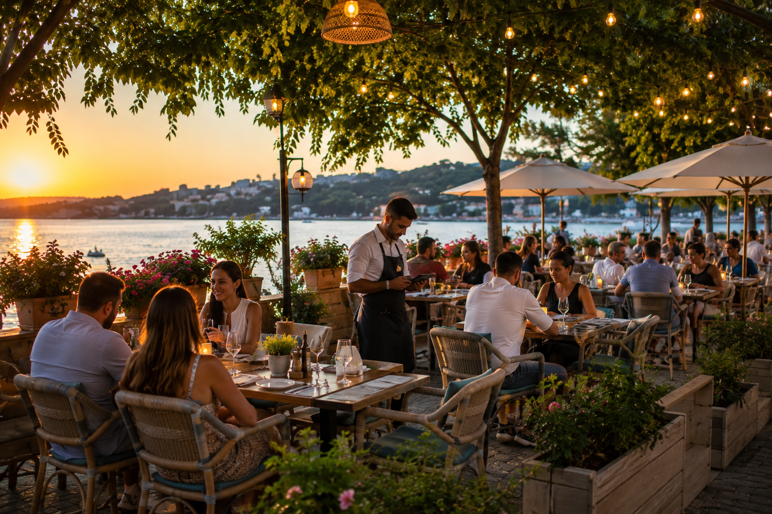 Restaurant cu terasă aglomerată în plin sezon de vară