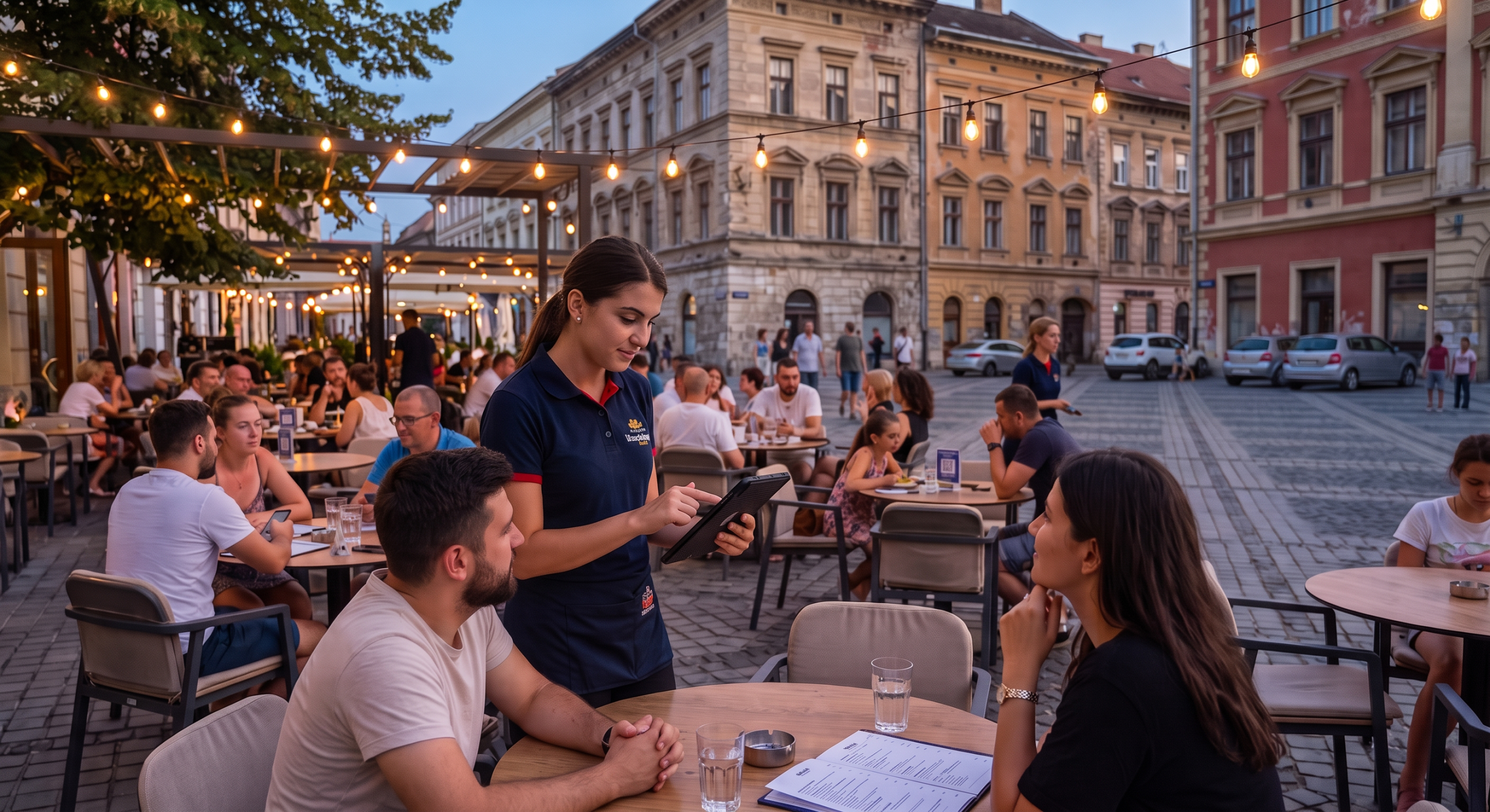 Ospătar care preia comanda de la masă pe tabletă