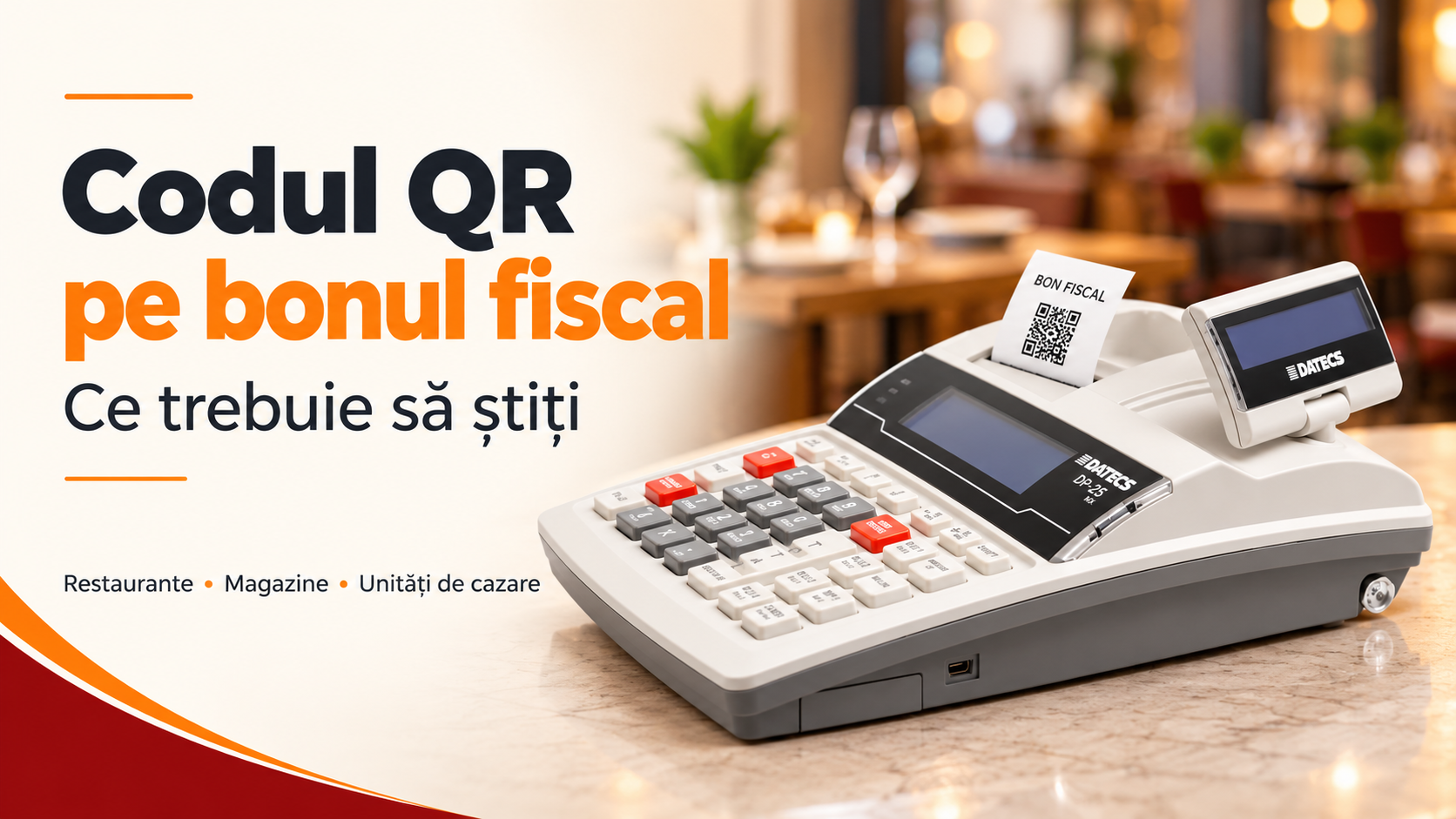 Casă de marcat Datecs DP-25 MX și un bon cu un cod QR ilustrativ.